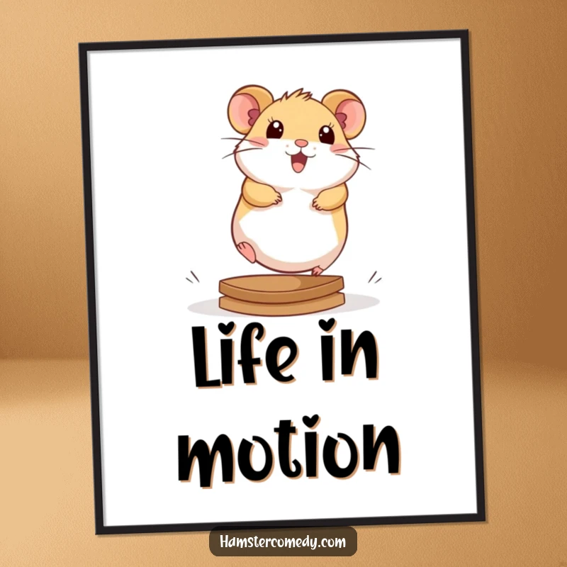 Adorable kawaii hamster running with vigor on a hamster wheel, on a cute and colorful wall poster.