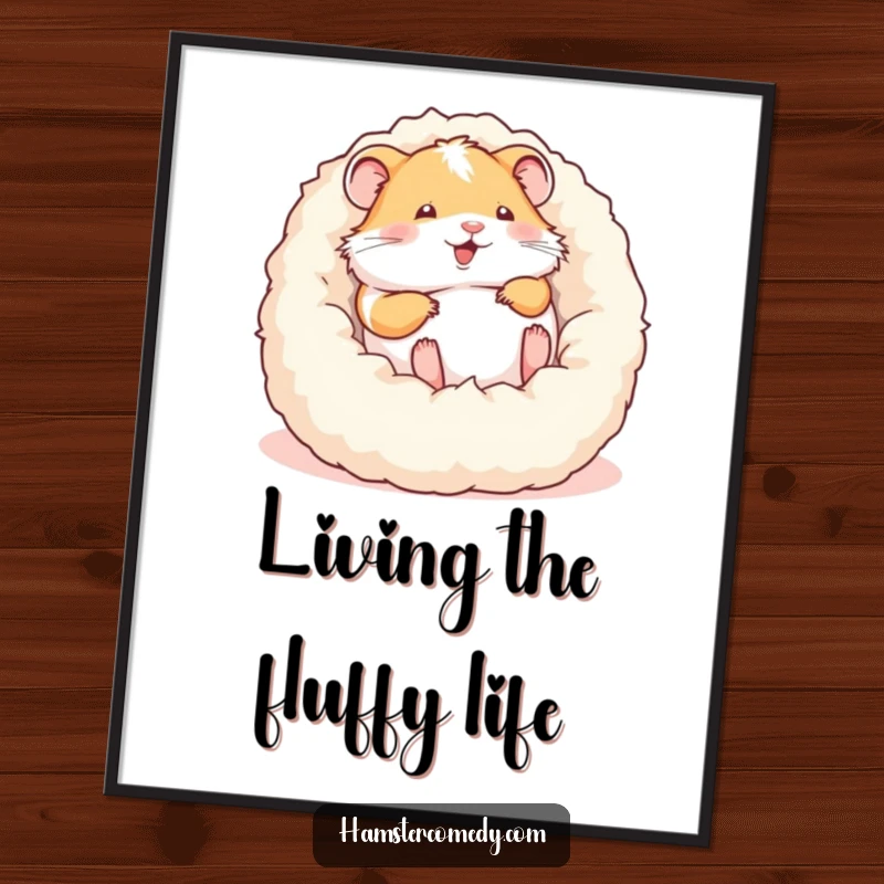 Funny poster capturing a hamster mid-roll in a fluffy bed, radiating absolute delight and playful abandon for a cheerful vibe.