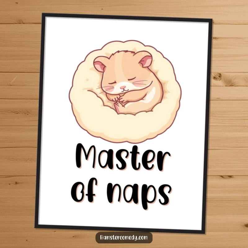 Funny hamster sleeping peacefully in a soft bed, serene expression, wall art poster, perfect funny gift.