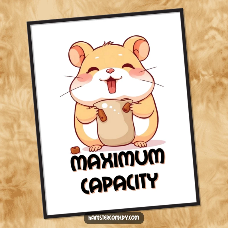 Funny hamster hoarding poster featuring a cute character with full cheeks, adding foodie humor to decor, gift idea.