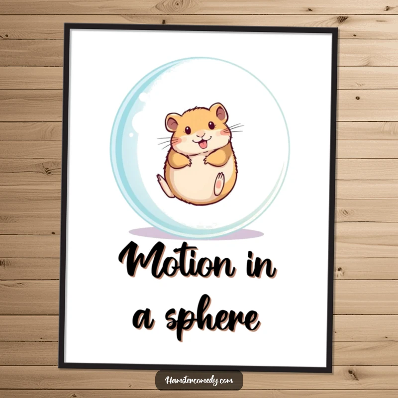 Funny hamster rolling inside a clear ball, displayed as a wall art poster, perfect gift.