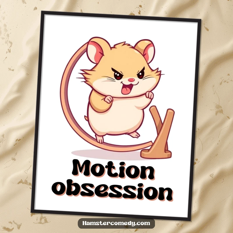 Funny hamster speed poster featuring a determined character sprinting on a wheel, adding motivational humor to decor, gift idea.