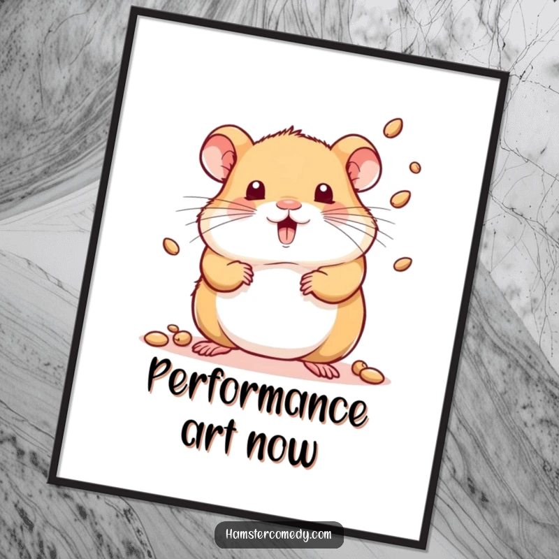 Funny poster of a kawaii hamster playfully juggling multiple tiny seeds with skill and a smile.