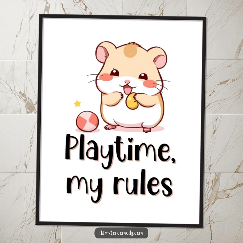 Funny Kawaii Hamster Poster displaying a cute hamster playfully batting at a small toy, adding fun and personality to decor.
