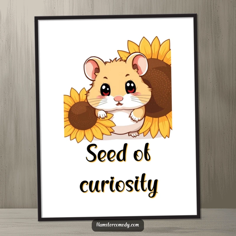 Funny hamster peeking from behind a sunflower seed, displayed as a wall art poster, perfect gift.