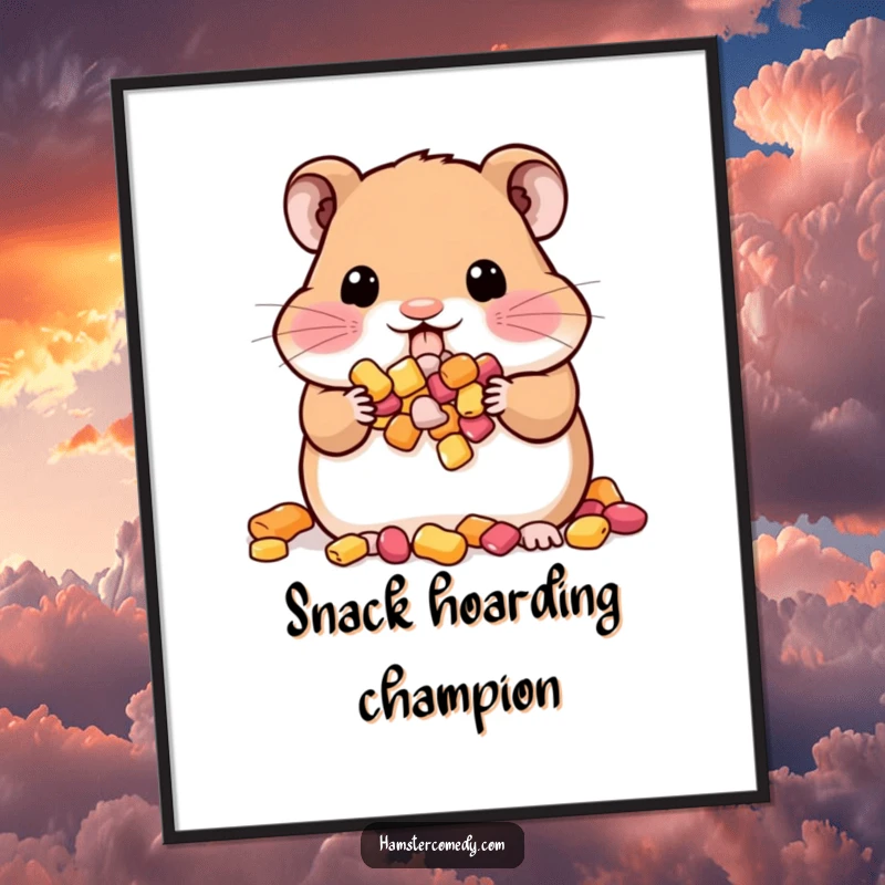 Funny Kawaii Hamster Poster: A cute hamster with its cheeks stuffed with treats, adding a delightful and humorous touch to walls.