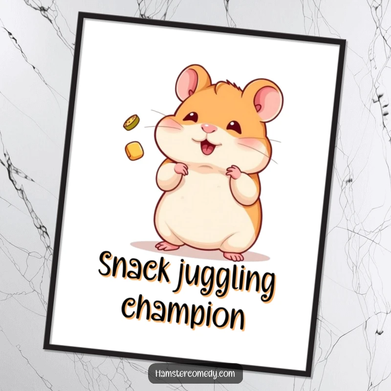 Funny Poster of a kawaii hamster demonstrating impressive juggling skills with a tiny treat.