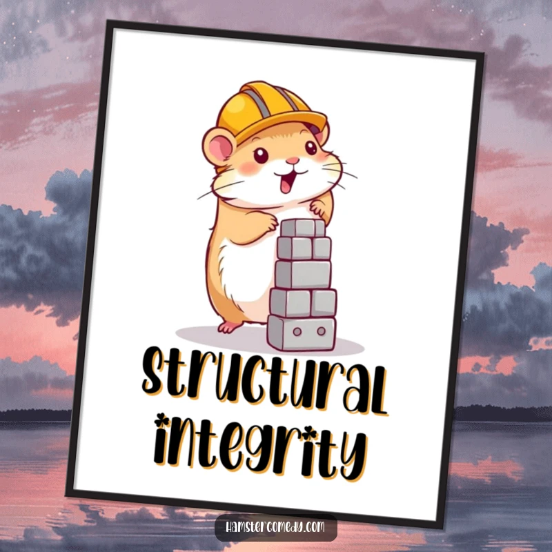 Funny hamster with a construction helmet building a tower, displayed as a wall art poster, perfect gift.