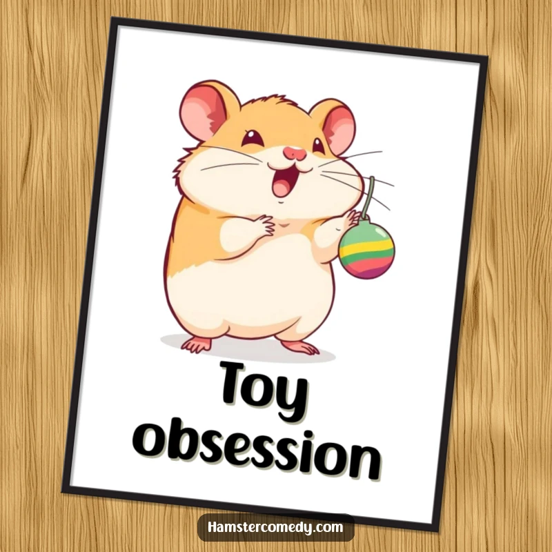 Funny hamster poster, batting at a dangling toy with excitement, whimsical wall art for pet lovers, a humorous and decorative gift.