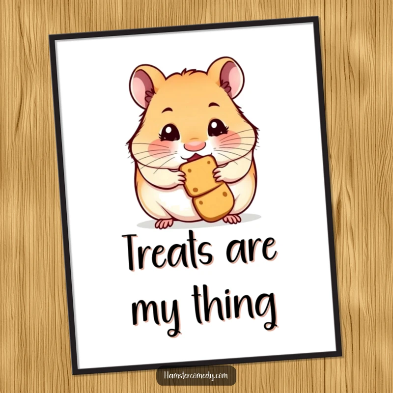 Artistic depiction of a funny hamster with its nose twitching, smelling a tempting treat, on a poster.