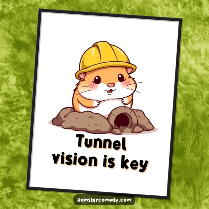 Funny Hamster Poster: A tiny hamster in a construction helmet humorously digs a small tunnel, adding quirky charm to wall decor.