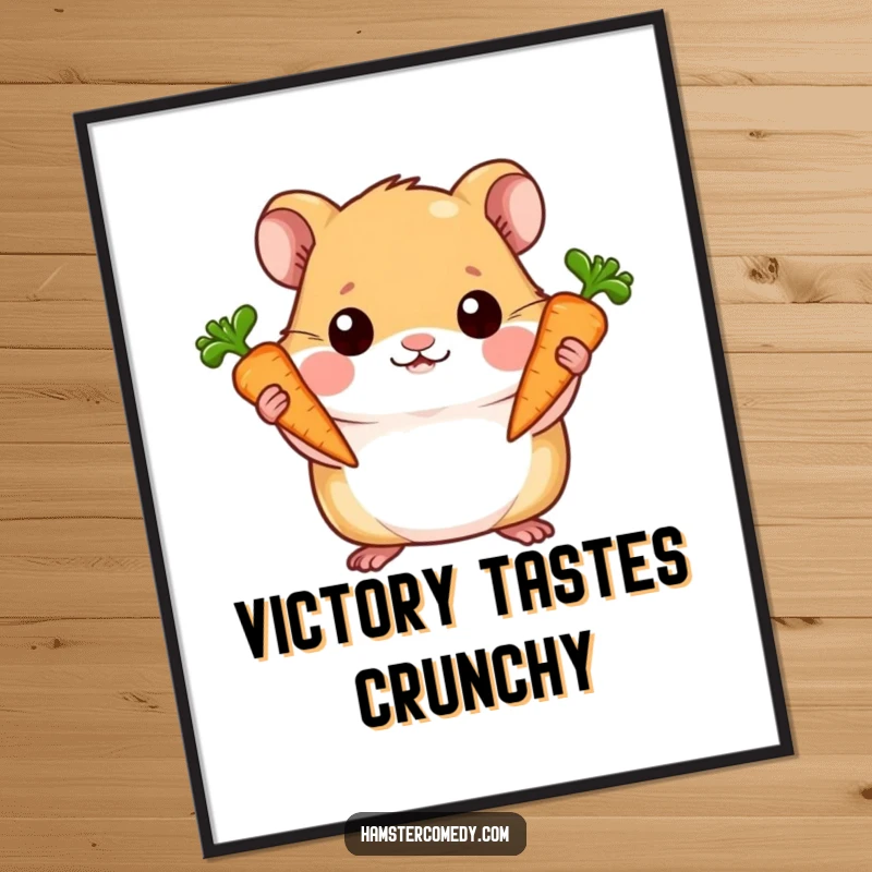 Funny poster of a hamster holding two tiny carrots proudly, representing achievement and the joy of small wins.