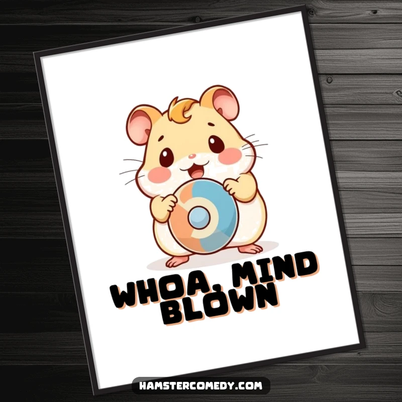 Funny Poster depicting a kawaii hamster with wide, surprised eyes, captivated by a spinning object.