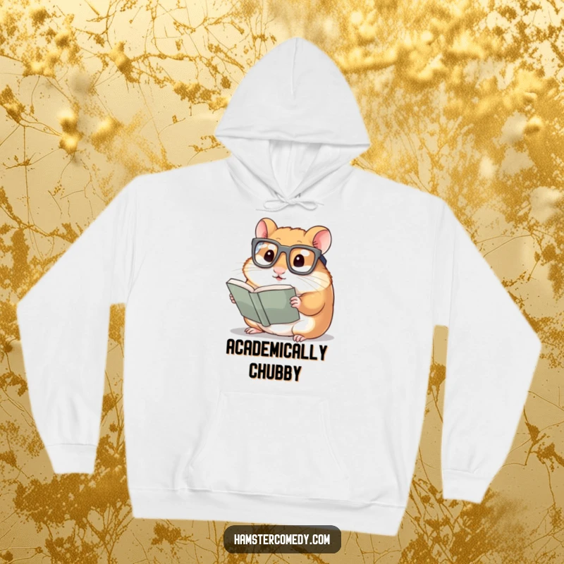 Funny Hamster Hoodie: A hamster wearing large glasses, intently reading a small book, designed for warmth and scholarly humor.