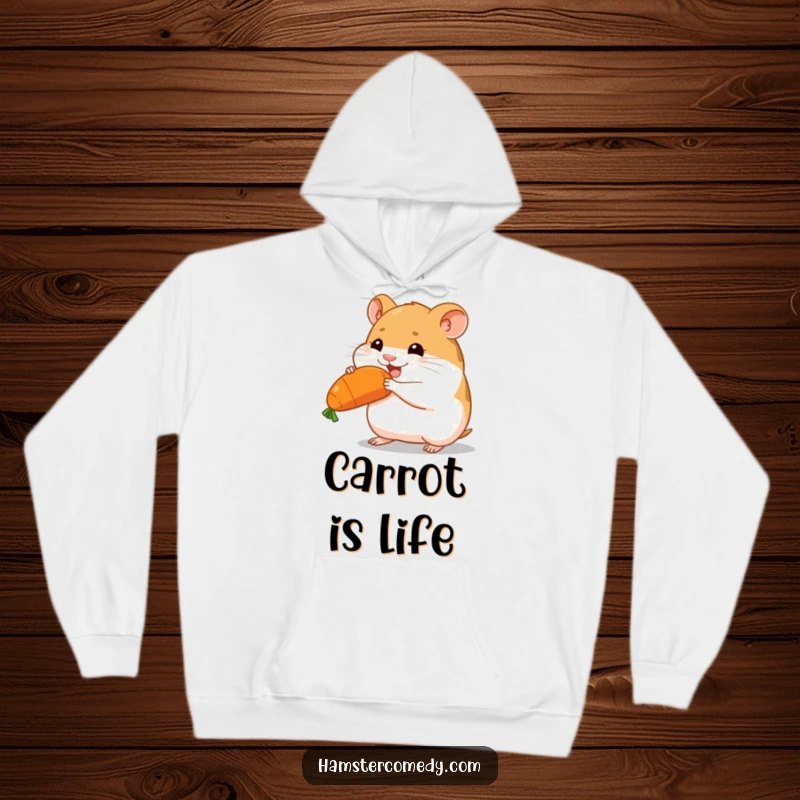 Funny hamster carrying a large carrot, determined expression, cozy hoodie, perfect funny gift.