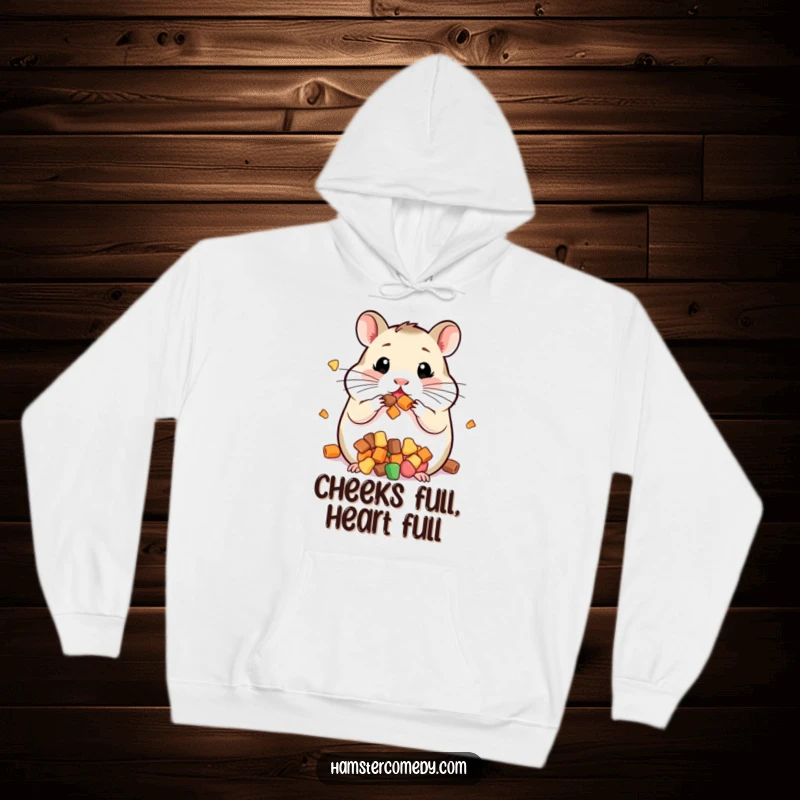 Funny hoodie featuring a kawaii hamster with its cheeks comically bulging with an abundance of treats.
