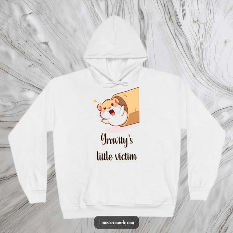 Funny Hamster Hoodie: A hamster comically sliding down a cardboard tube with a surprised yelp, designed for warmth and humorous entertainment.