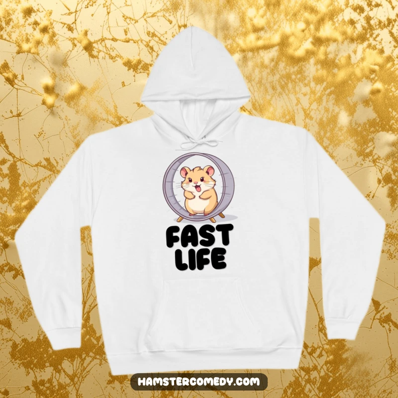 Funny hamster comically spinning in its wheel at high speed, a cozy and humorous hoodie.
