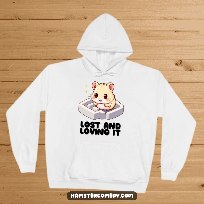 Funny hamster hoodie with a character exploring a maze, offering warmth and a humorous adventurous theme, perfect gift.
