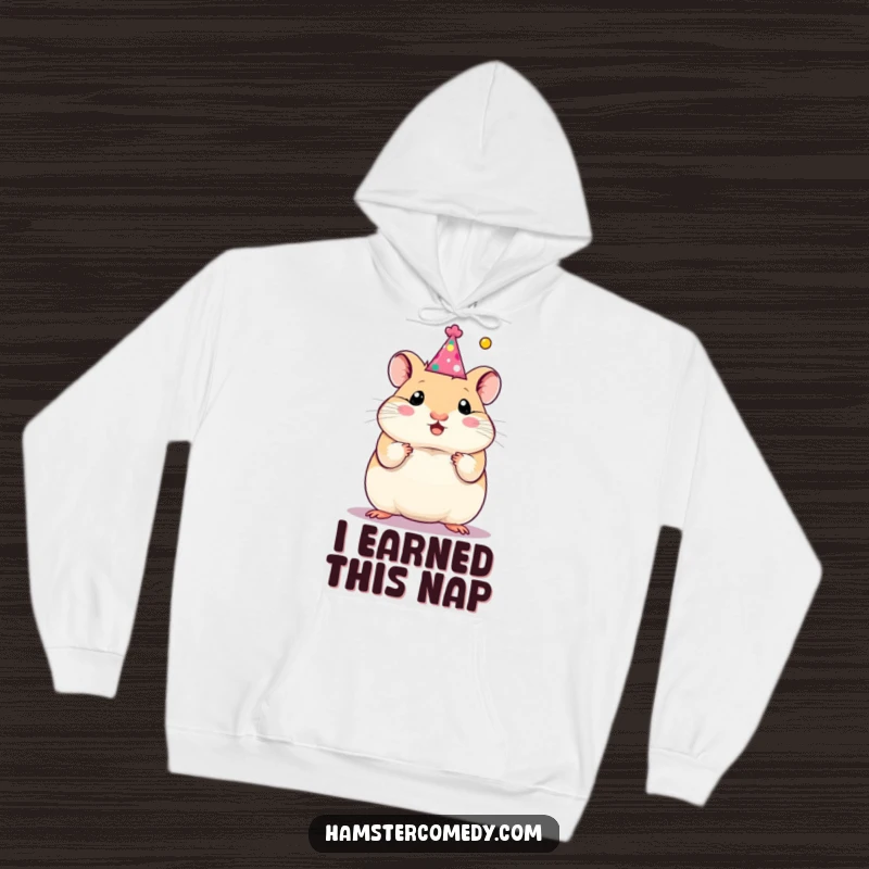 Funny hamster in a party hat, radiating celebratory vibes on a warm hoodie, making a great funny gift.