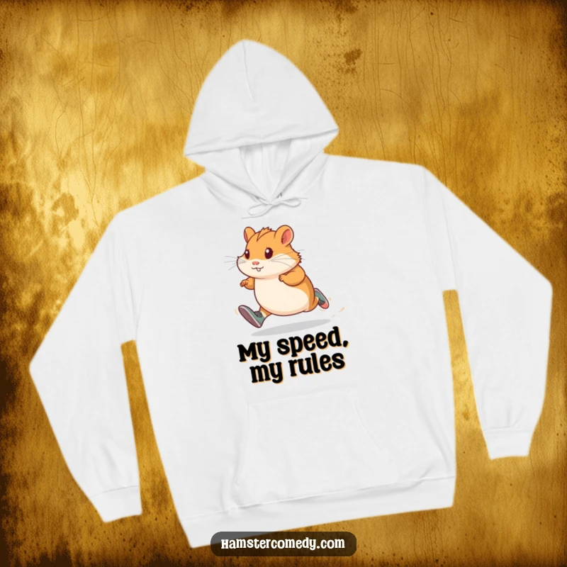 Cozy funny hamster runner hoodie, wearing tiny shoes and sprinting with determination, blending warmth with athletic spirit.