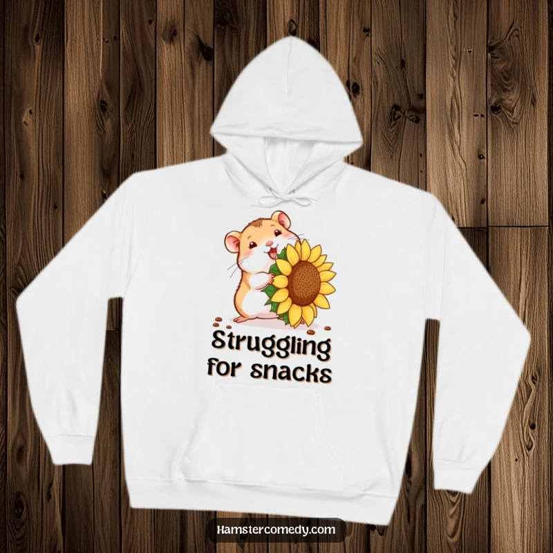 Funny hamster seed struggle hoodie, showing a tiny hamster carrying a giant seed. Warm and humorous funny gift.