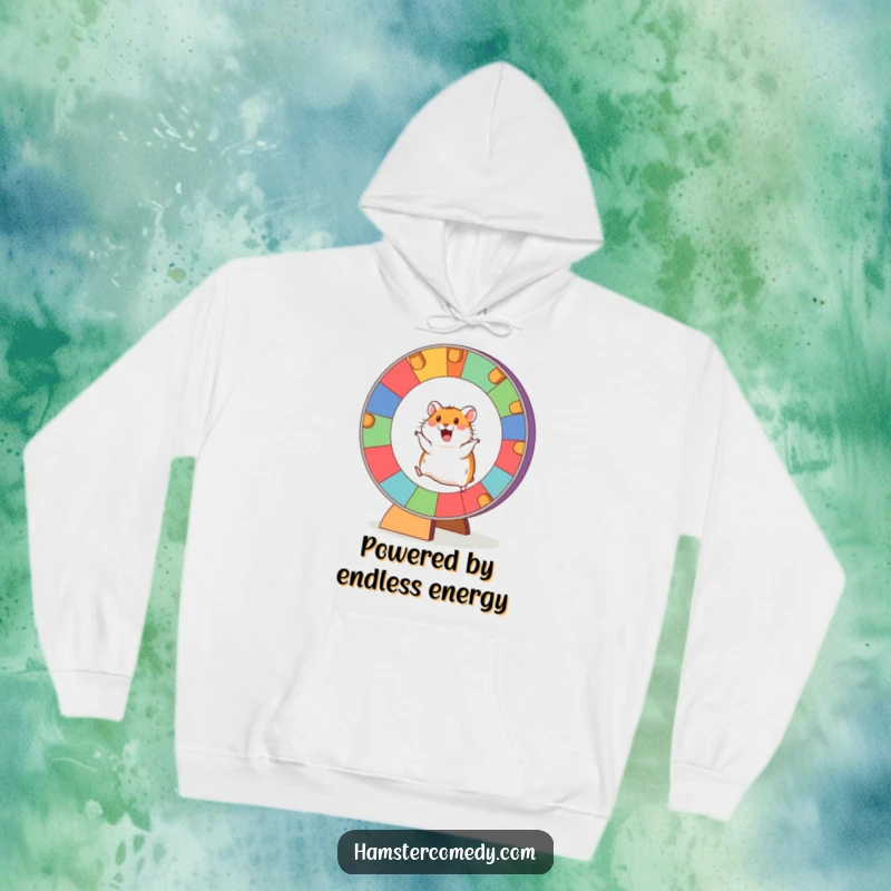 Funny Hamster Hoodie with an excited hamster running on a giant, colorful wheel, soft and warm for comfort.
