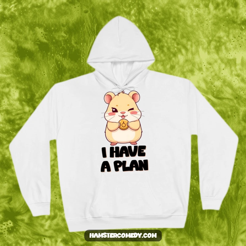 Funny Kawaii Hamster Hoodie depicting a cute hamster with a mischievous wink and holding a tiny button, for cozy, amusing wear.