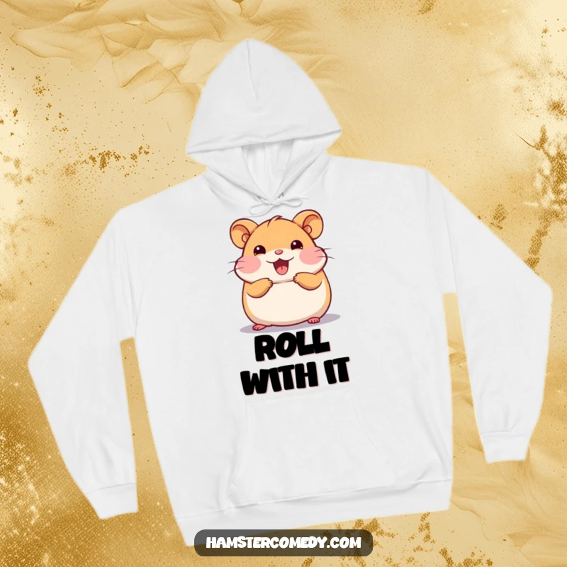Funny Kawaii Hamster Hoodie depicting a cute hamster doing a happy roll, offering comfort and a sense of pure joy.