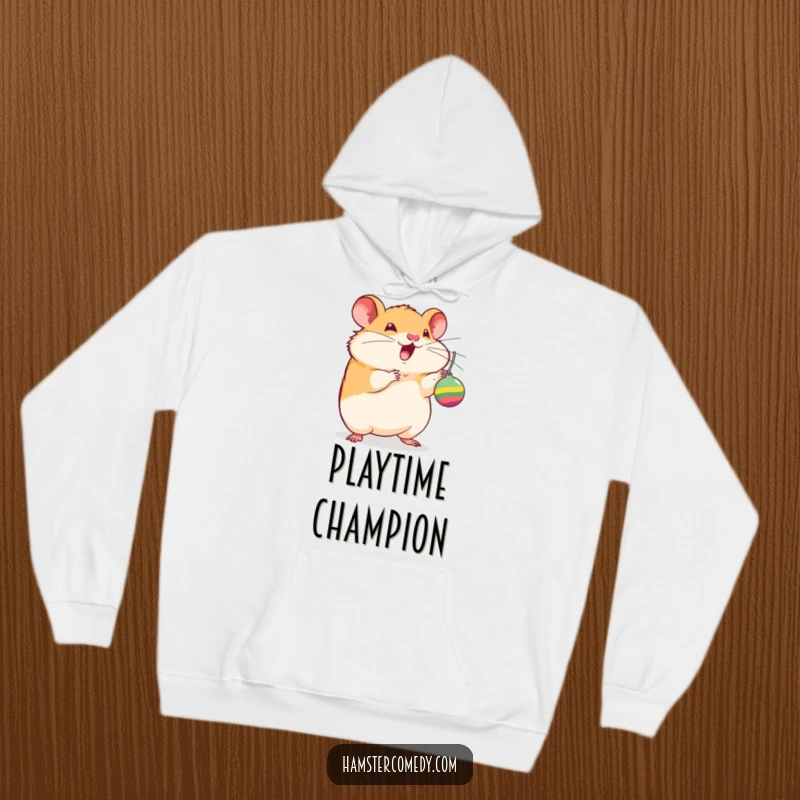 Funny hamster hoodie, batting at a dangling toy with excitement, warm and cozy, perfect for pet lovers and a humorous gift.