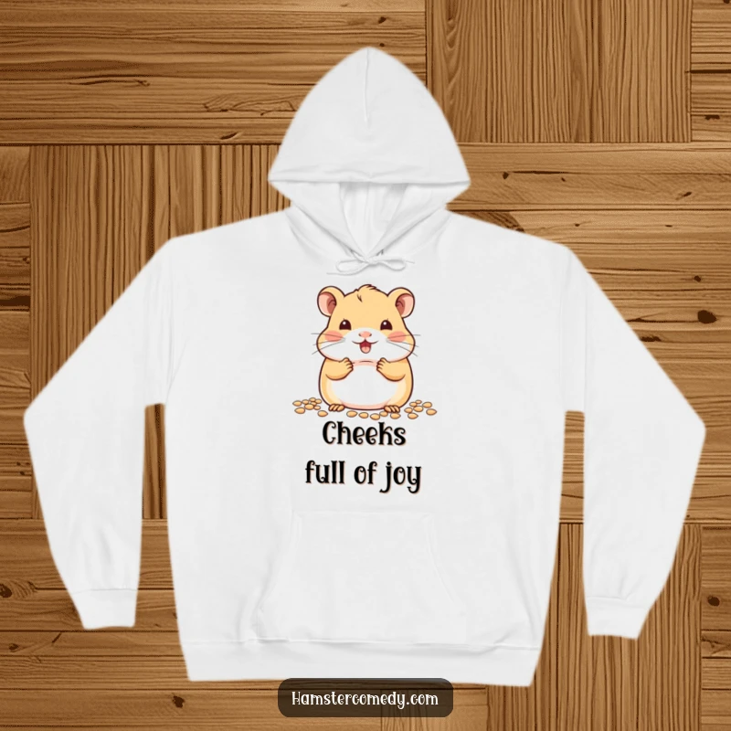 Cute kawaii hamster with overstuffed cheeks, happily munching on seeds, featured on a soft and warm hoodie.