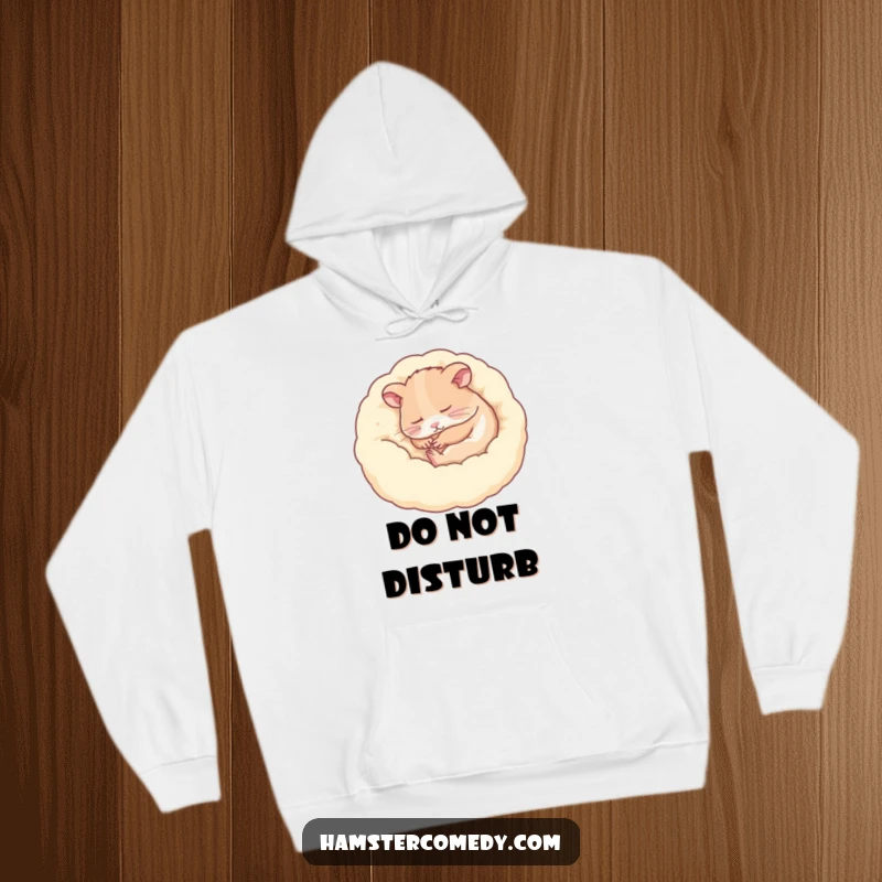 Funny hamster sleeping soundly in a soft bed, peaceful expression, cozy hoodie, perfect funny gift.