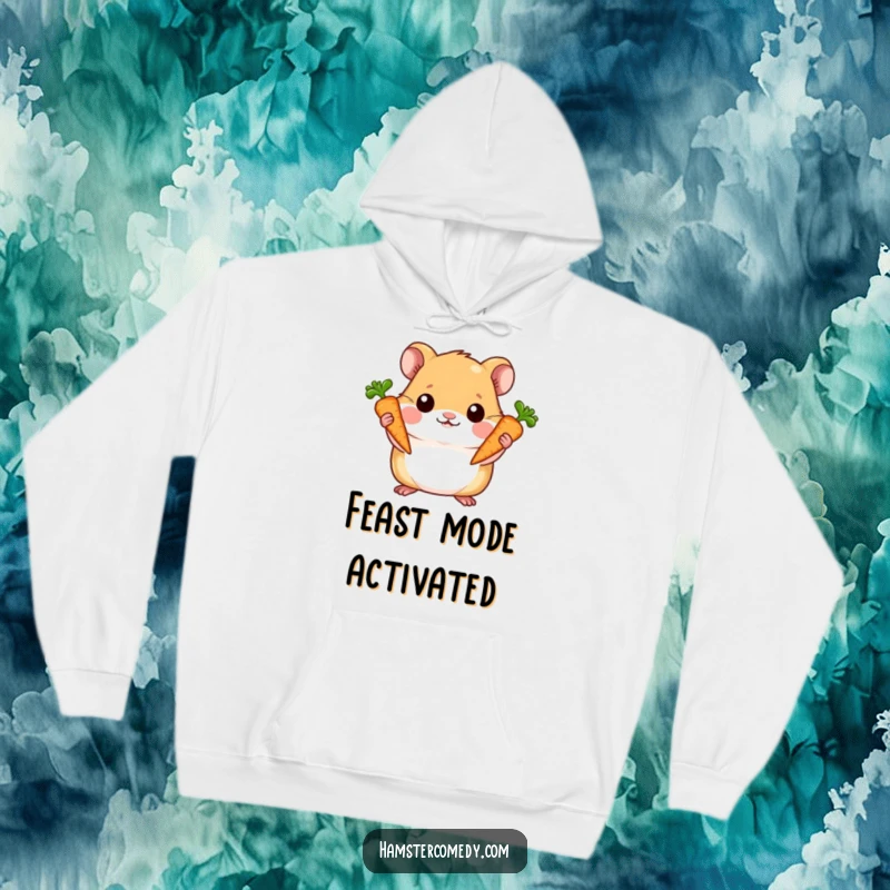Funny hoodie with a hamster proudly displaying two small carrots, embodying a sense of achievement and cuteness.