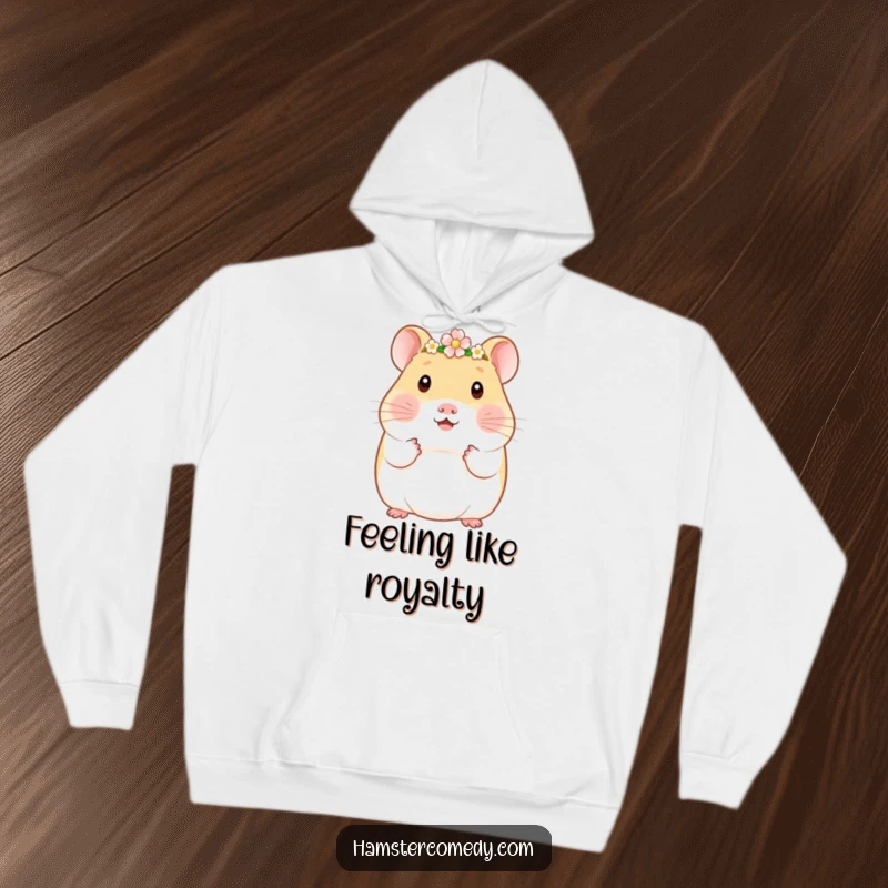 Funny Kawaii Hamster Hoodie: Cute hamster wearing a delicate flower crown, radiating gentle nobility and cozy comfort.