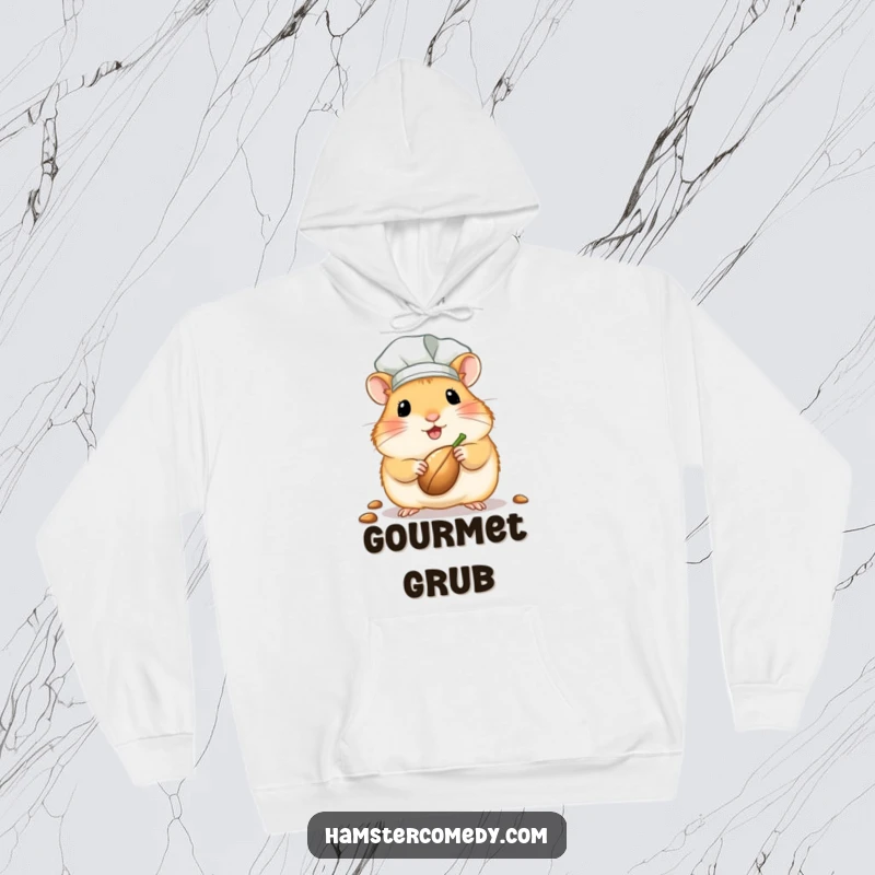 Funny kawaii hamster chef hoodie depicting a cute hamster in a chef hat, presenting a seed with a delightful gourmet expression.