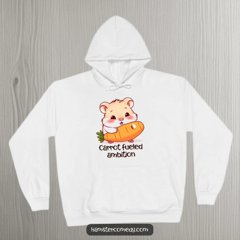 Funny hoodie graphic depicting a curious hamster completely engrossed in munching a gigantic carrot, full of amusing satisfaction.