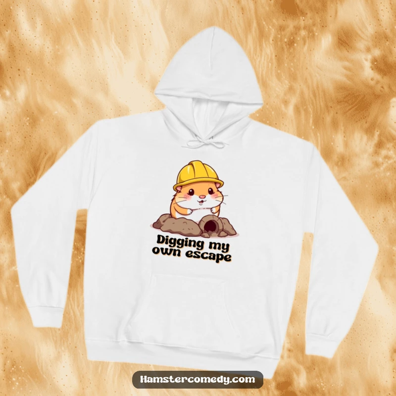 Funny Hamster Hoodie: A cute hamster in a construction helmet comically digging a small tunnel, perfect for warm and humorous wear.