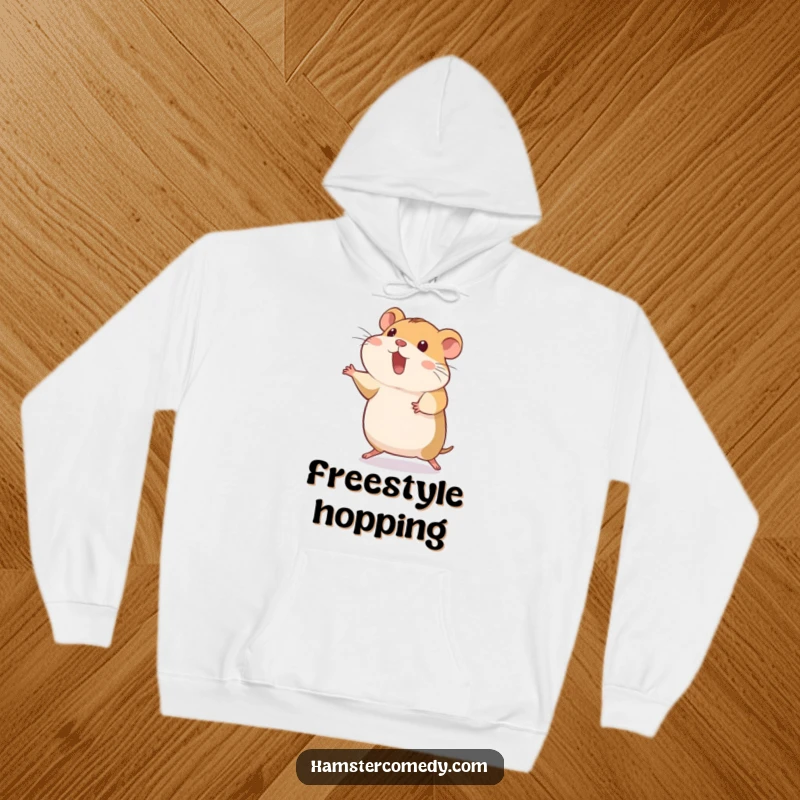 Funny hamster doing a silly mid-air hop, back legs extended, cozy hoodie, perfect funny gift.