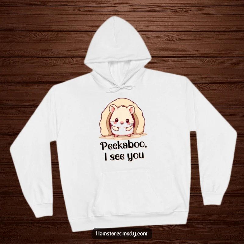 Funny Kawaii Hamster Hoodie showing a cute hamster peeking from a cozy burrow, perfect for warmth and laughs.