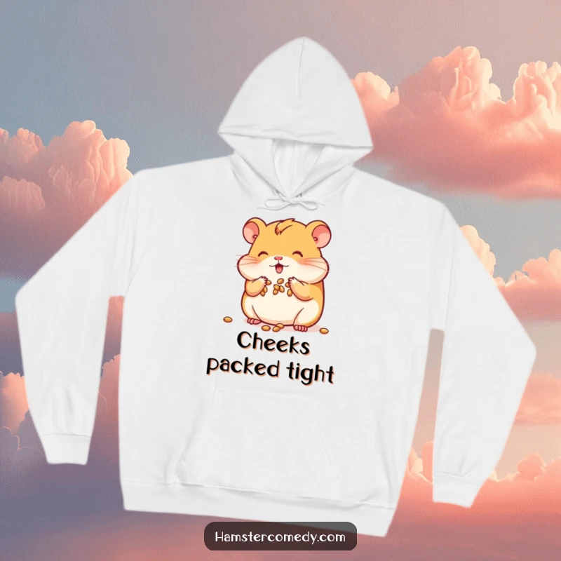 Funny Kawaii Hamster Hoodie with a cute hamster stuffing its cheeks with seeds, offering warmth and amusement.