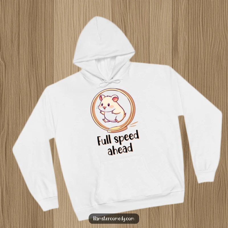 Funny Kawaii Hamster Hoodie with a cute hamster running energetically on a spinning wheel, offering warmth and amusement.