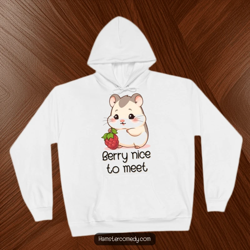 Funny Hamster Hoodie: A shy hamster peeks out from behind something, offering a juicy berry with a bashful expression.