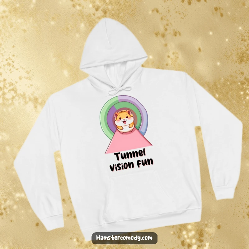 Funny hamster hoodie featuring a joyful hamster with a huge smile sliding down a dynamic, colorful tunnel, full of glee.