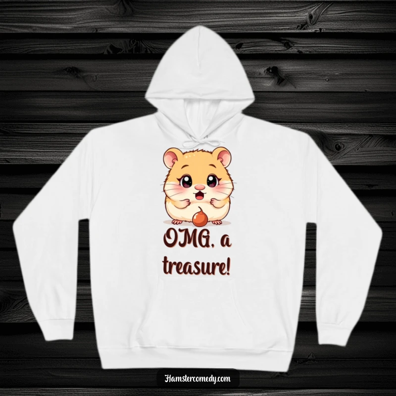 Funny Hoodie: A hamster with huge, surprised eyes stares at a dropped raisin, a comical depiction of sudden delight.