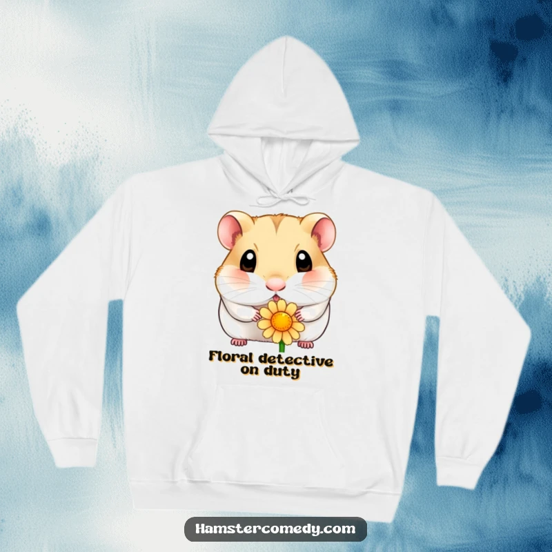 Funny hamster hoodie depicting a large-eyed hamster carefully and curiously sniffing a delicate flower, radiating gentle interest.