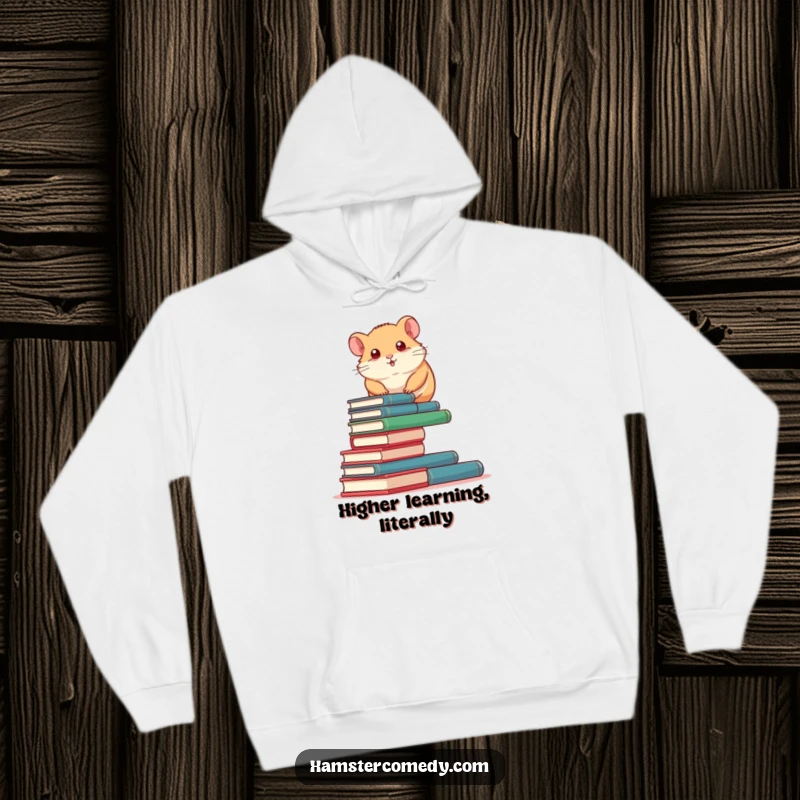 Funny Hamster Hoodie: A determined hamster humorously climbs a tall stack of tiny books, symbolizing intellectual pursuit.