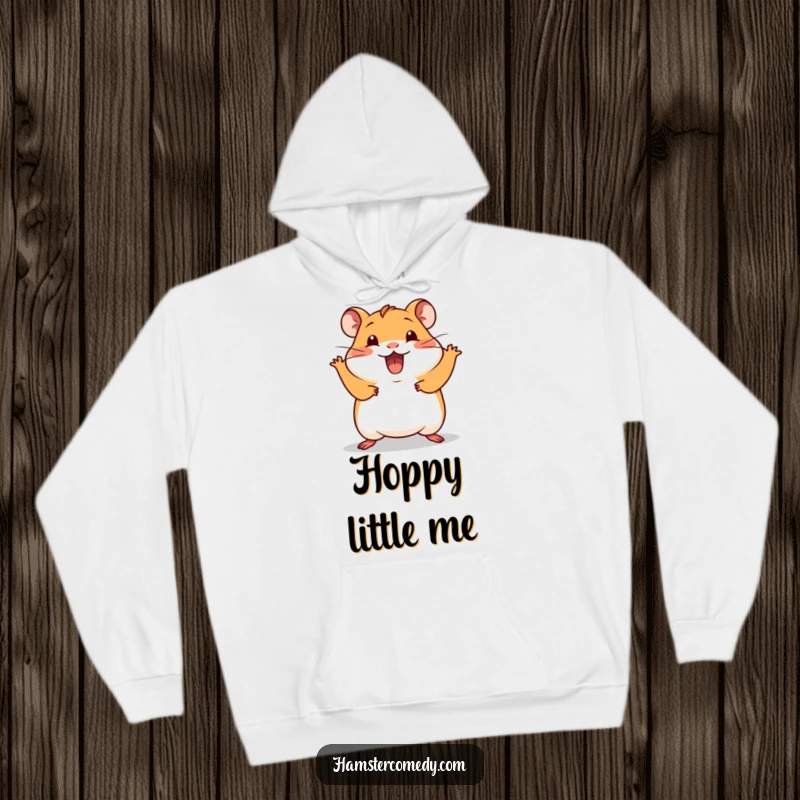 Funny Kawaii Hamster Hoodie showing a cute hamster doing a silly hop with excitement, perfect for cozy and joyful moments.