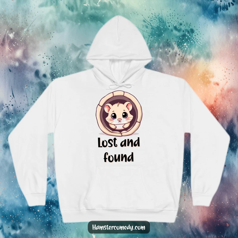 Funny kawaii hamster hoodie depicting a cute hamster with big, curious eyes exploring the entrance of a tunnel with excitement.
