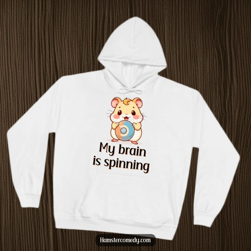 Funny Hoodie with a surprised kawaii hamster, eyes wide, reacting to a mesmerizing spinning object.