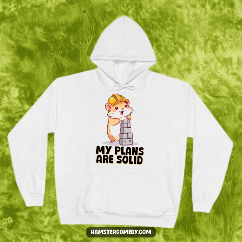 Funny hamster in a construction helmet building a tower, featured on a cozy hoodie, perfect for gifts.